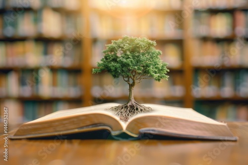 Books World. Closeup of Open Book on Library Bookcase with Blur Background