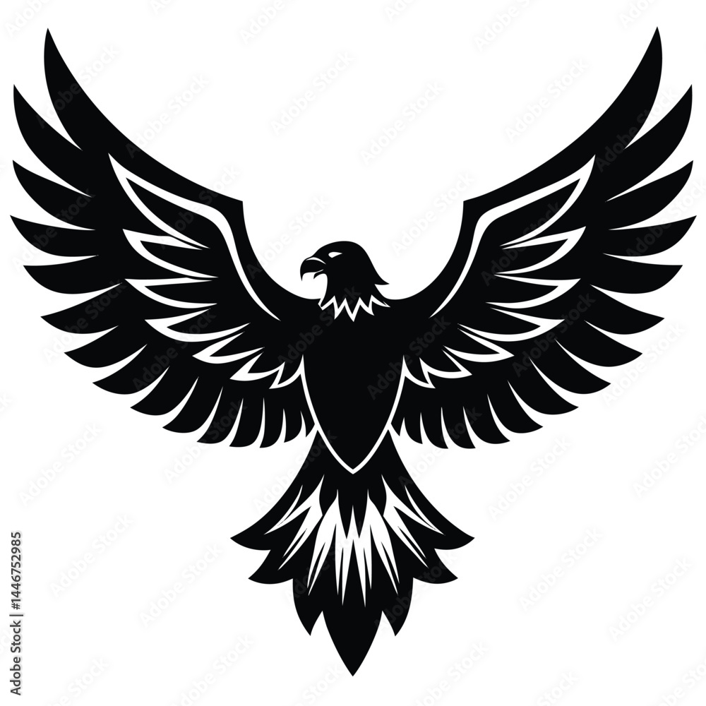 Fototapeta premium Silhouette of a powerful eagle with spread wings in flight on a white background