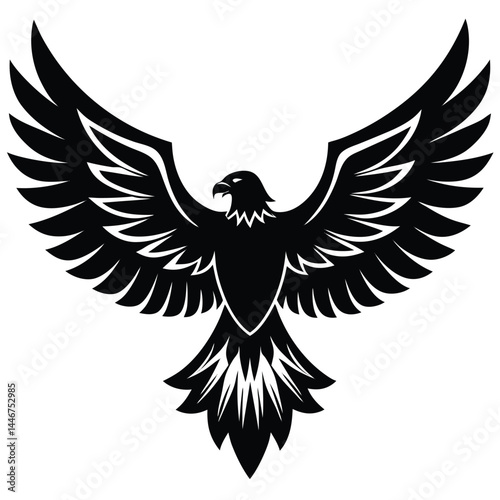 Silhouette of a powerful eagle with spread wings in flight on a white background