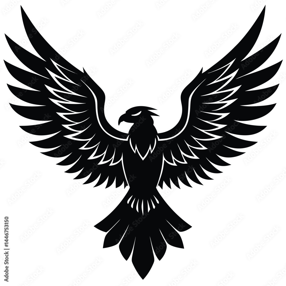 Fototapeta premium Silhouette of a powerful eagle with spread wings in flight on a white background