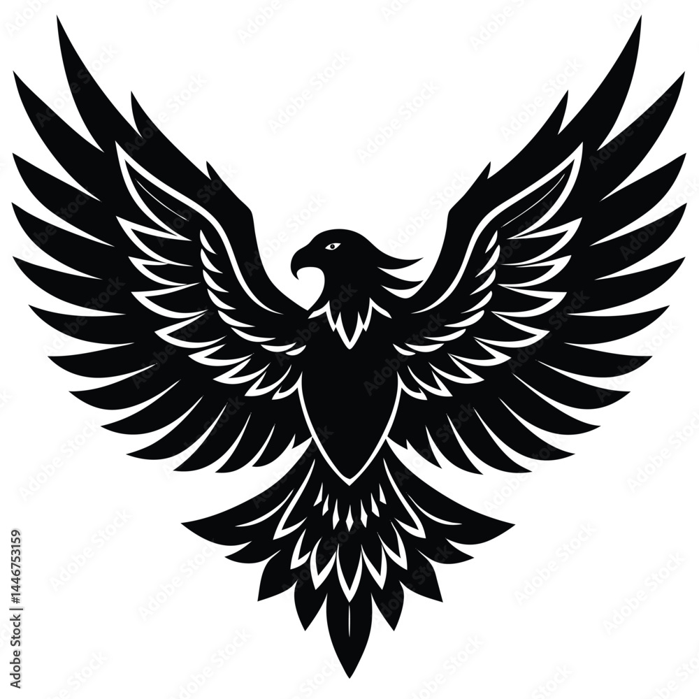 Fototapeta premium Silhouette of a powerful eagle with spread wings in flight on a white background
