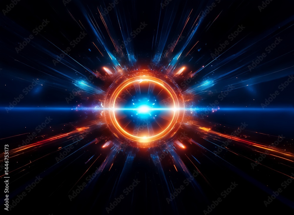 Fototapeta premium A vibrant, glowing ring, encircled by streaks of blue and orange light, radiates energy in a dark, cosmic expanse. The central light source is intensely bright, creating a sense of dynamism and power