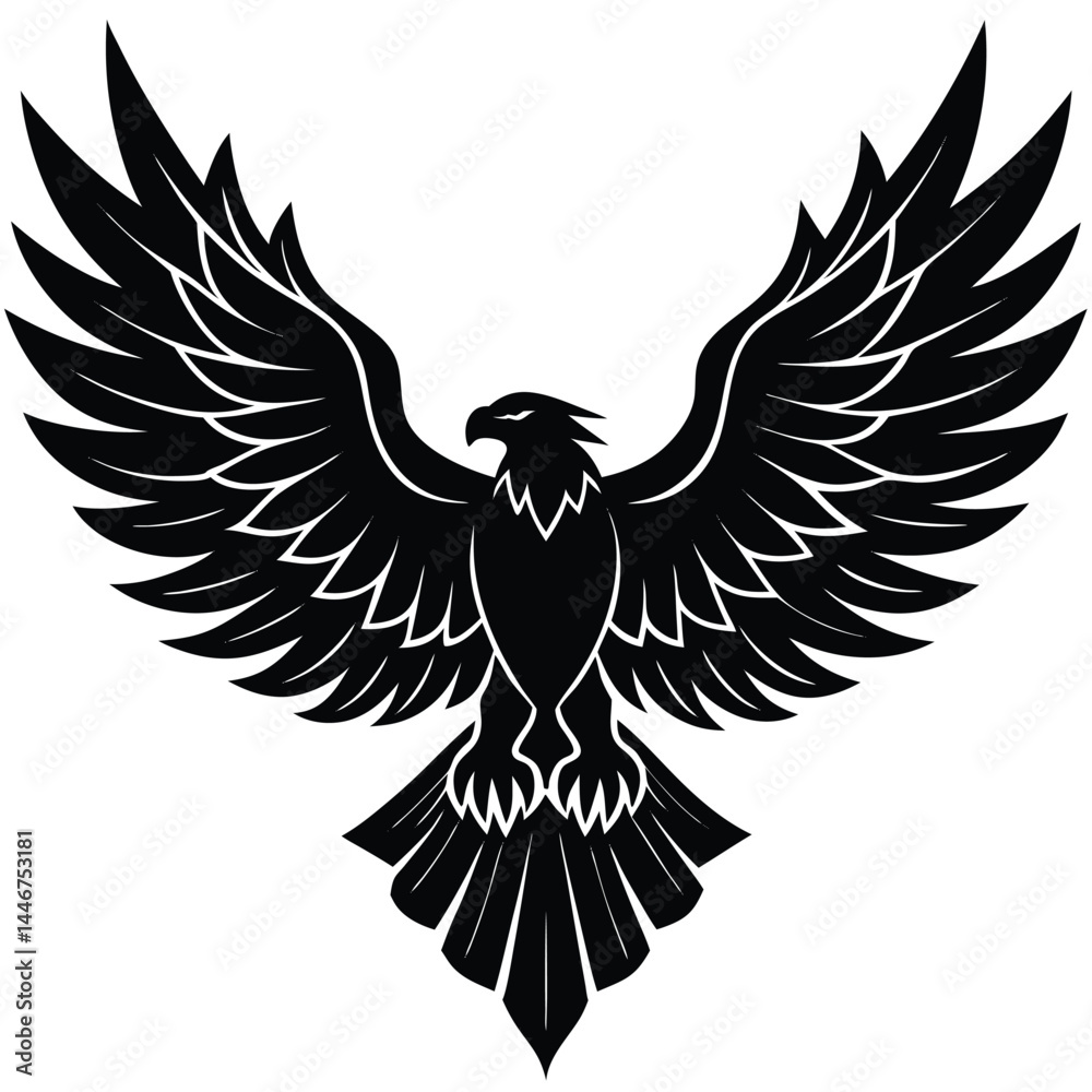 Obraz premium Silhouette of a powerful eagle with spread wings in flight on a white background