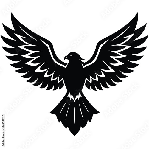 Silhouette of a powerful eagle with spread wings in flight on a white background