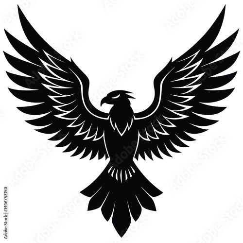 Silhouette of a powerful eagle with spread wings in flight on a white background