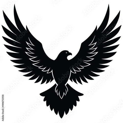 Silhouette of a powerful eagle with spread wings in flight on a white background