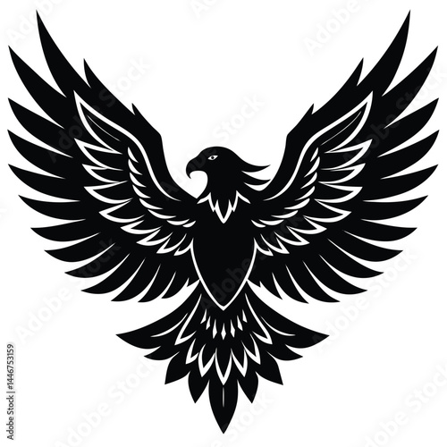 Silhouette of a powerful eagle with spread wings in flight on a white background