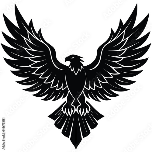 Silhouette of a powerful eagle with spread wings in flight on a white background