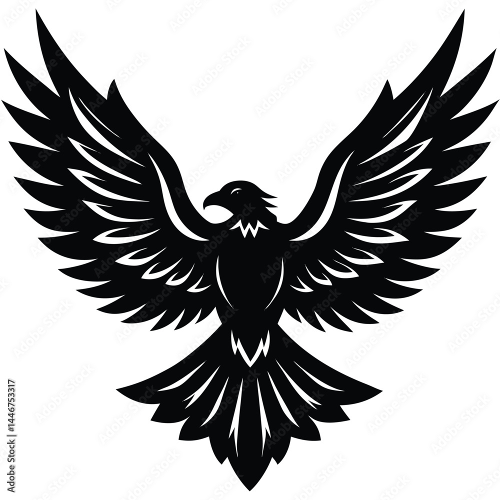 Obraz premium Silhouette of a powerful eagle with spread wings in flight on a white background