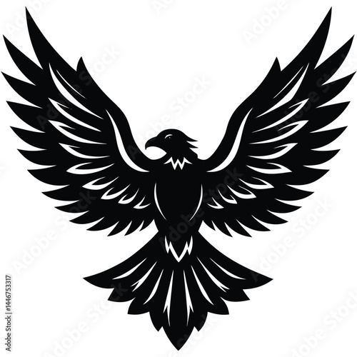 Silhouette of a powerful eagle with spread wings in flight on a white background