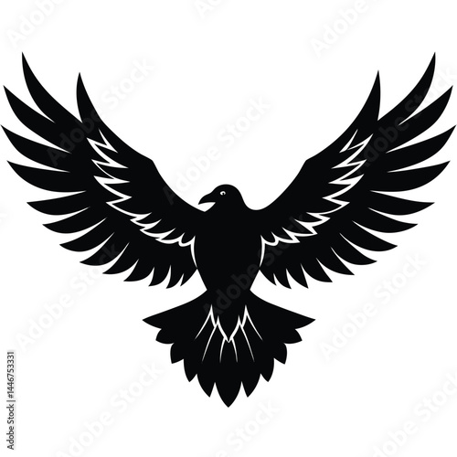 Silhouette of a powerful eagle with spread wings in flight on a white background