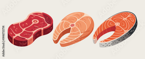 Steak and Salmon Filets Fresh Meat and Seafood Illustration