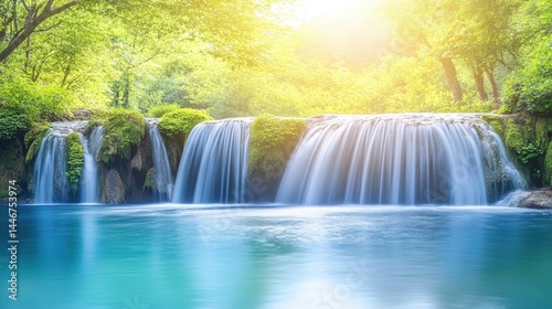 A serene waterfall cascading into a tranquil pool, surrounded by lush greenery and soft light.