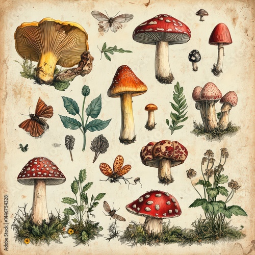 Detailed Illustrations of Various Mushrooms and Insects on Vintage Background