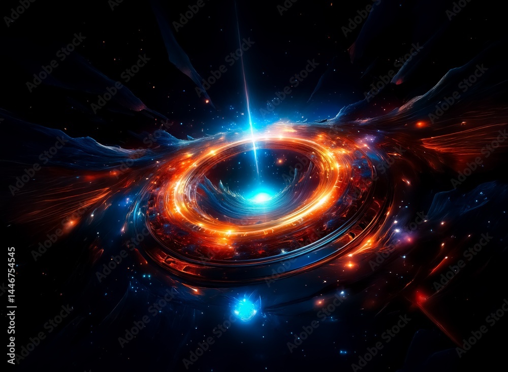Obraz premium A vibrant cosmic ring, ablaze with fiery orange and cool blue energy, pulses in the inky blackness of space. Intricate details and swirling nebulae surround the central light source.