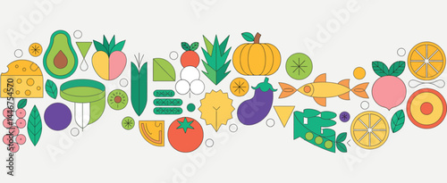 Colorful Food Illustration Banner with Fruits Vegetables and Fish
