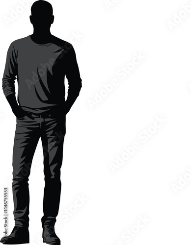 Silhouette of Casual Standing Man in Black Outfit