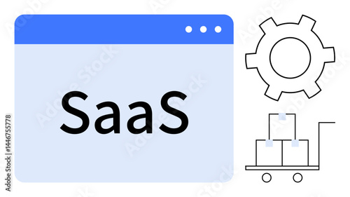 SaaS platform window, gear, and cart with stacked boxes signifying digital tools, automation, and distribution. Ideal for software, logistics, technology, web applications e-commerce digital