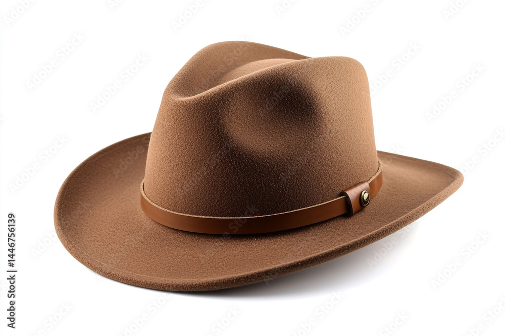 Brown Felt Cowboy Hat with Leather Band Isolated on White Background Brown Felt Cowboy Hat with Leather Band Isolated on White Background