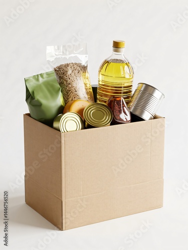Donation box filled with various non-perishable food items.