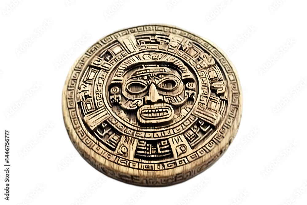 Ancient Mayan/Aztec Circular Stone Calendar Illustration, Isolated Background, Carved Relief, Brown Gold Tones Ancient Mayan/Aztec Circular Stone Calendar Illustration, Isolated Background, Carved Relief, Brown Gold Tones
