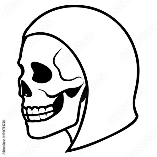 Outlined human skull vector drawing in black lines on transparent background for high resolution digital art