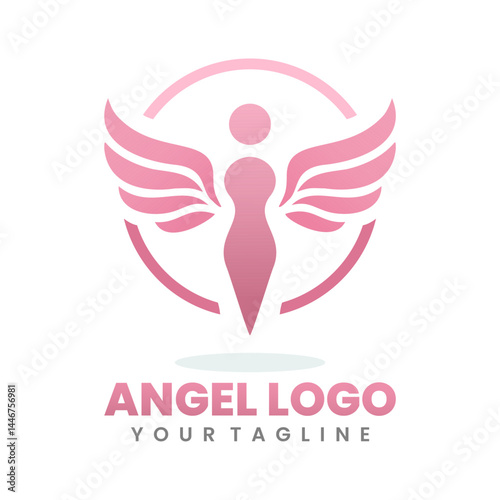Elegant Pink Angel Logo Featuring Spreading Wings in a Circle Design