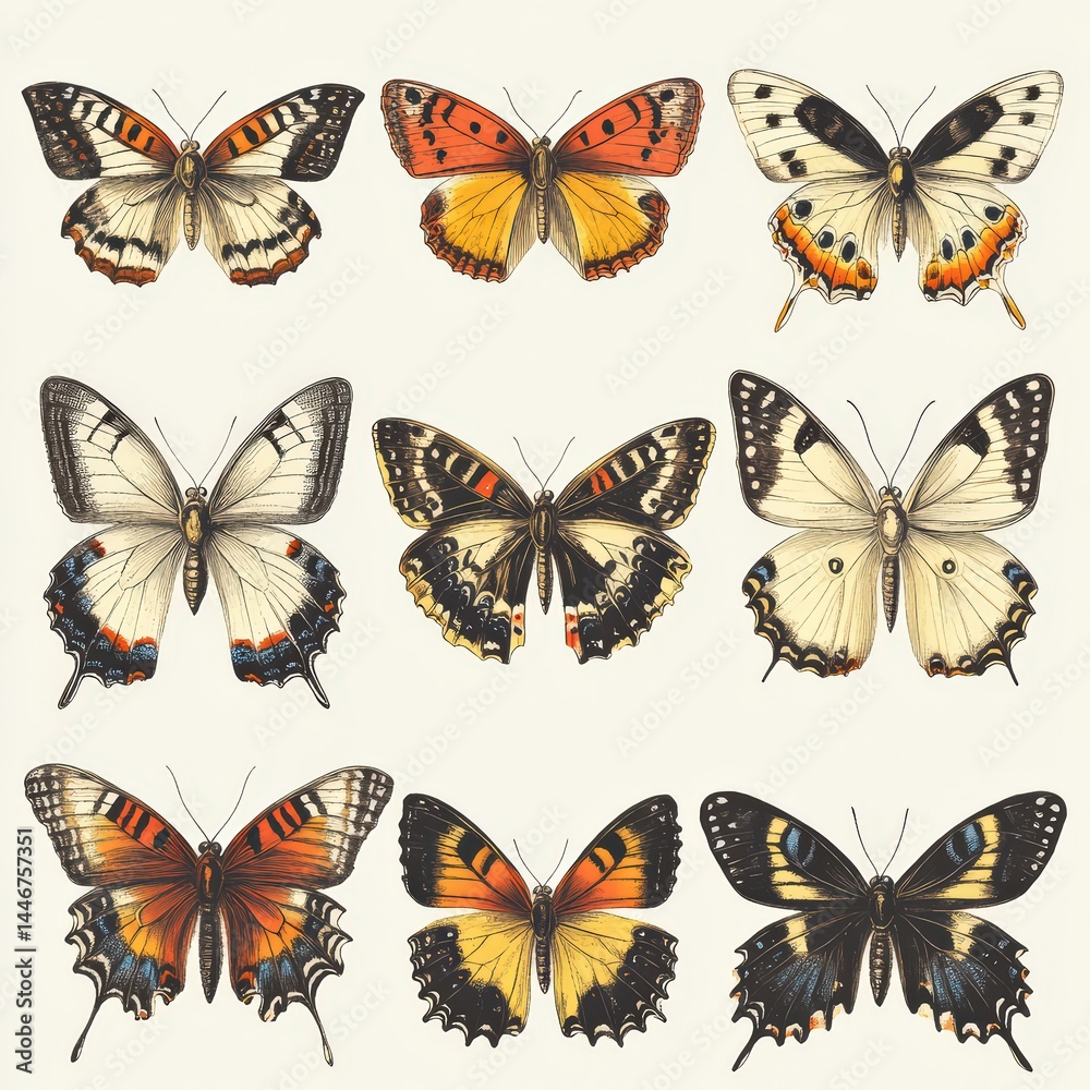 Obraz premium Colorful Collection of Detailed Butterfly Illustrations Displayed