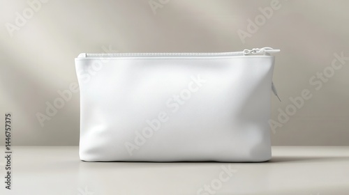 A stunning image of modern white cosmetic pouch mockup. Realistic fabric zipper bag for makeup beauty tools. Detail, bright, pro toiletry container. Fashion luxury clean elegant.