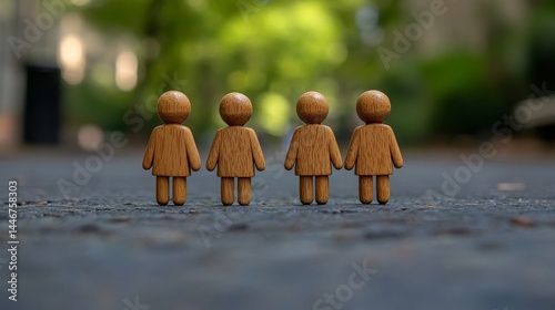 Fototapeta Naklejka Na Ścianę i Meble -  Four wooden figures standing in a row outdoors.