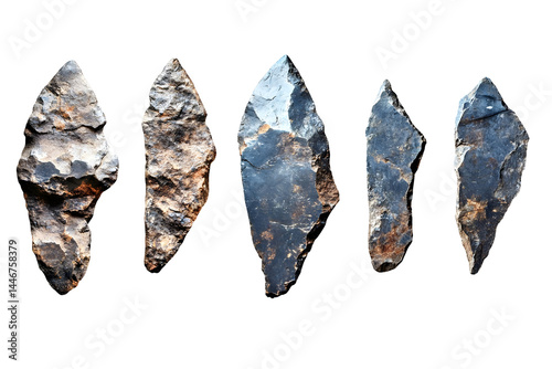 Ancient Stone Arrowheads Isolated On Black Background, Archaeological Artifacts, Prehistoric Tools, Historical Collection, Row Arrangement