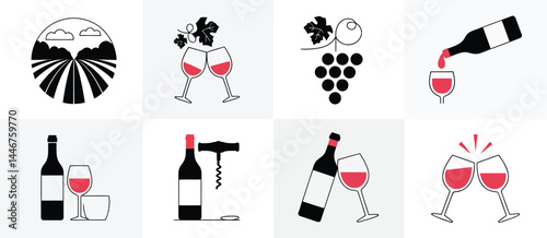 Wine Icons Set Vineyard, Grapes, Bottles, Glasses, Corkscrew