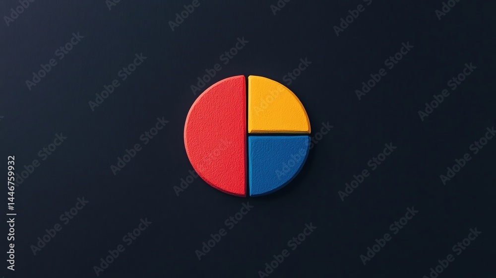 Fototapeta premium A colorful pie chart with red, yellow, and blue sections on a dark background.