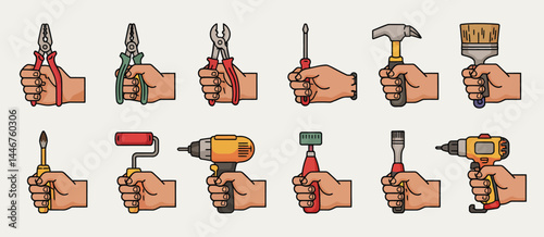 Hands Holding Various Tools for Home Repair and Construction