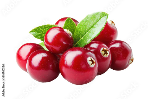 Close-up, high-quality image of a cluster of vibrant red cranberries with green leaves.  The berries are displayed against a dark background, emphasizing their color and texture.