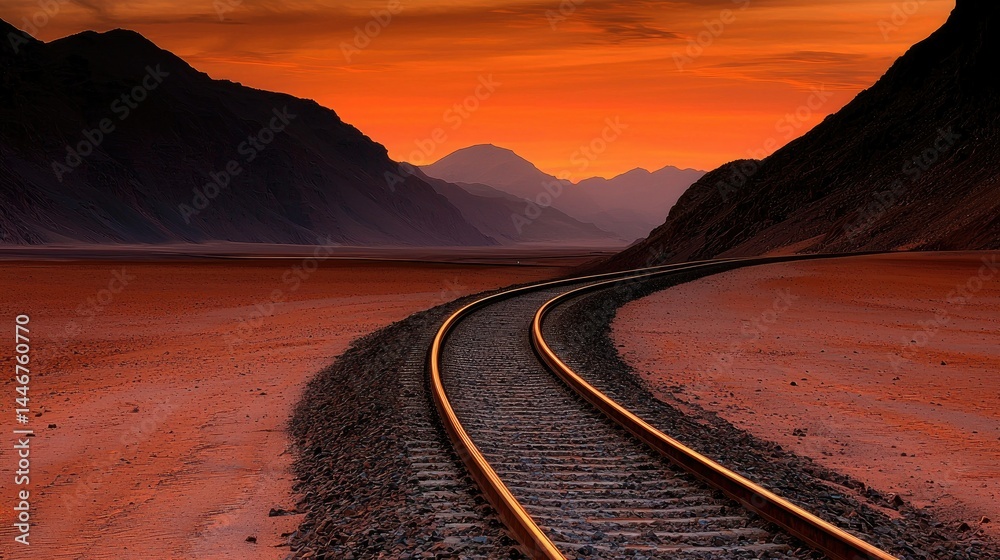Fototapeta premium Desert mountain landscape with curving railway tracks.