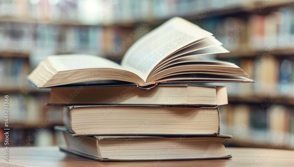 Books World. Closeup of Open Book on Library Bookcase with Blur Background Books World. Closeup of Open Book on Library Bookcase with Blur Background