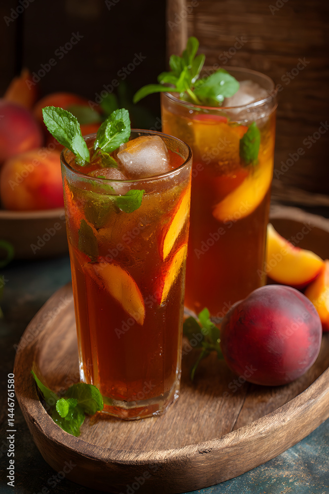 Refreshing peach iced tea served with fresh mint leaves in a rustic setting Refreshing peach iced tea served with fresh mint leaves in a rustic setting