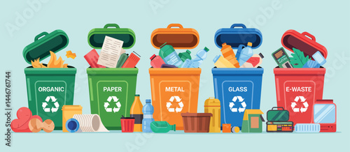Colorful Recycling Bins with Sorted Waste Materials