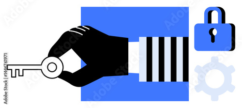 Hand holding a key beside a padlock and gear symbolizing security, access, and functionality. Ideal for cybersecurity, solutions, control, permissions, management safety encryption. Flat simple
