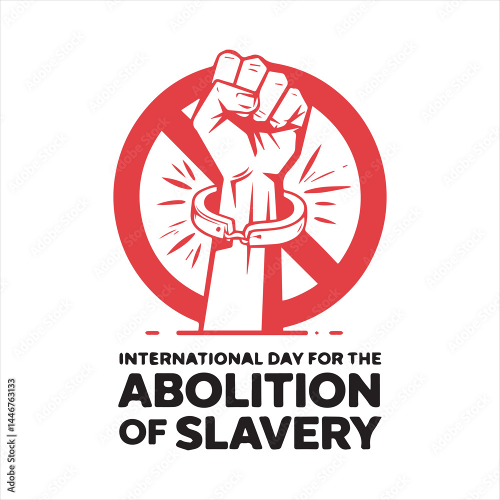 Fototapeta premium Freedom Fist Breaking Chains Illustration.Stop Slavery Awareness Poster Design.Broken Handcuffs with Raised Fist Graphic.Anti Slavery Day Concept Art.Human Rights Day Freedom Illustration 