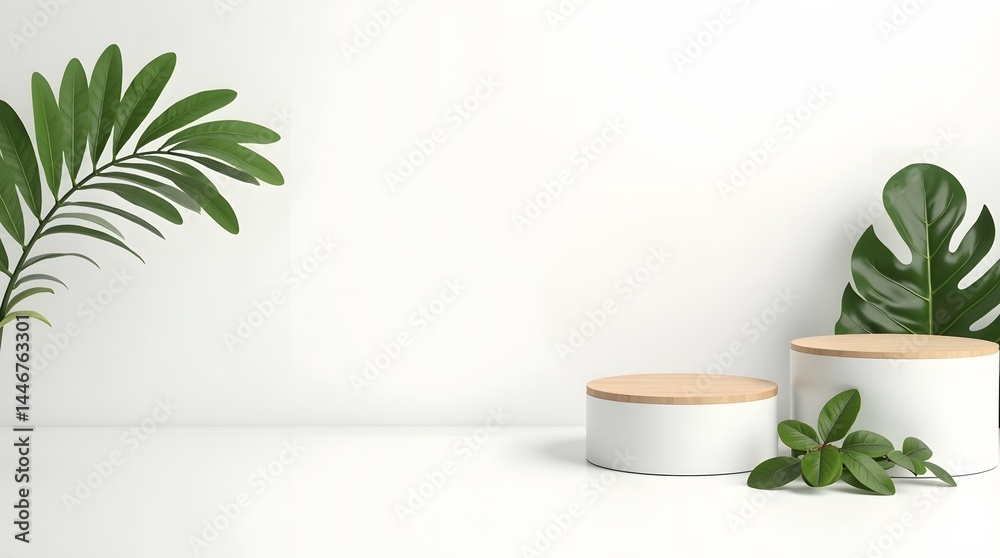 Minimalistic product display featuring white podiums and green plants, ideal for showcasing items in a natural and elegant setting. Minimalistic product display featuring white podiums and green plants, ideal for showcasing items in a natural and elegant setting.