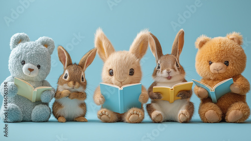 読書する動物のぬいぐるみたちの可愛いイラスト｜うさぎ、くま、リスの仲良しキャラによる学びの時間をテーマにした明るく優しい雰囲気の素材