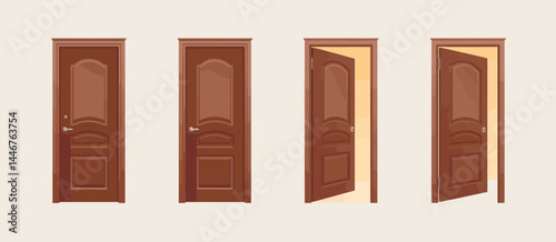 Three Brown Interior Doors in Different Positions