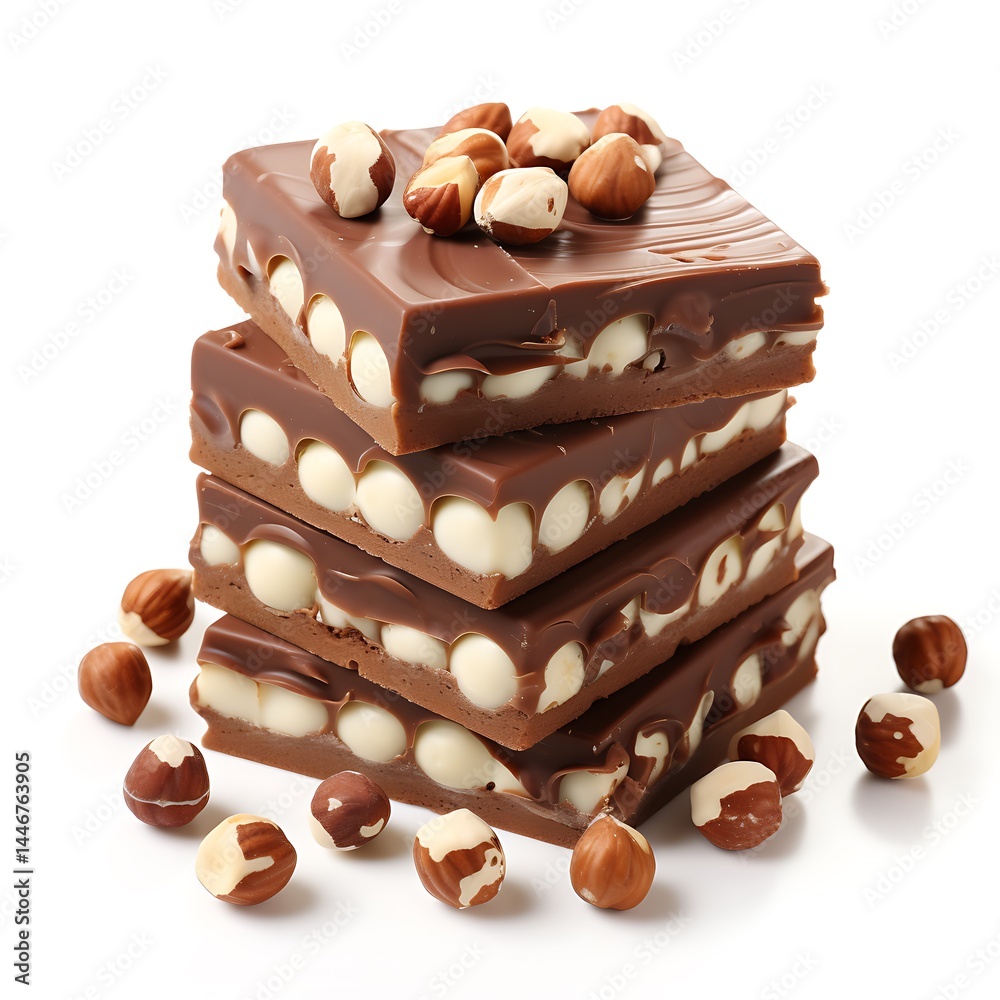 Chocolate with hazelnuts, cut into four pieces and stacked on top of each other, isolated on a white background, Chocolate with hazelnuts, cut into four pieces and stacked on top of each other, isolated on a white background,