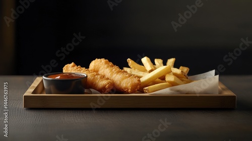 A stunning image of classic fish and chips dish served with sauce. Crispy battered fish fillets and golden french fries served on parchment paper. Unhealthy but tasty fast food.