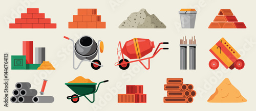 Construction Materials and Equipment Icons Set