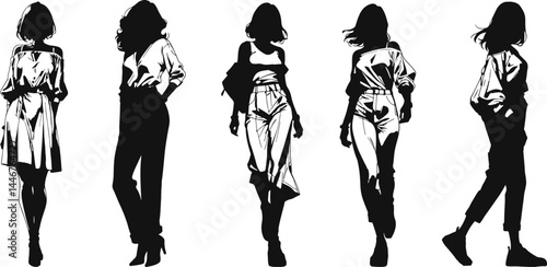 Silhouettes of women in diverse, stylish poses, showcasing modern fashion trends and confidence