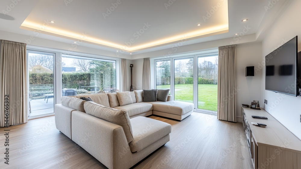 Modern open-plan living area with large windows, showcasing a spacious, light-filled room with a comfortable sectional sofa. Outdoor views are visible through expansive glass doors. Sleek, Modern open-plan living area with large windows, showcasing a spacious, light-filled room with a comfortable sectional sofa. Outdoor views are visible through expansive glass doors. Sleek,