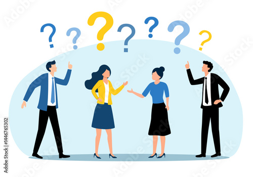 Ask questions, people around question marks, business discussion to solve problem concept.  Business people employee ask questions with question mark signs.